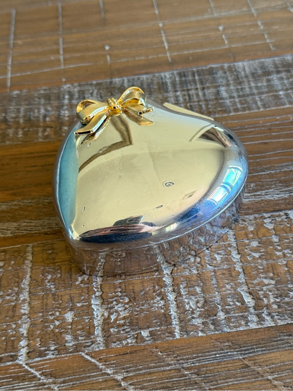 Vintage Wm. A. Rogers Silver Plated Heart Trinket Jewelry Box Gold Bow Japan